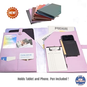 May include: A light purple organizer folder featuring multiple interior pockets, a tablet slot with a snap closure, a phone sleeve, a pen, and a clipboard. The folder contains various documents, including a convention invitation and brochure.