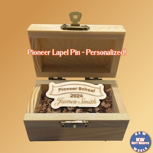 JW Lapel Pin. Pioneer School 2025 Personalized! 2.15&quot; Wood, Laser engraved. In English or Spanish. JW Gifts. Pioneer School keepsake.