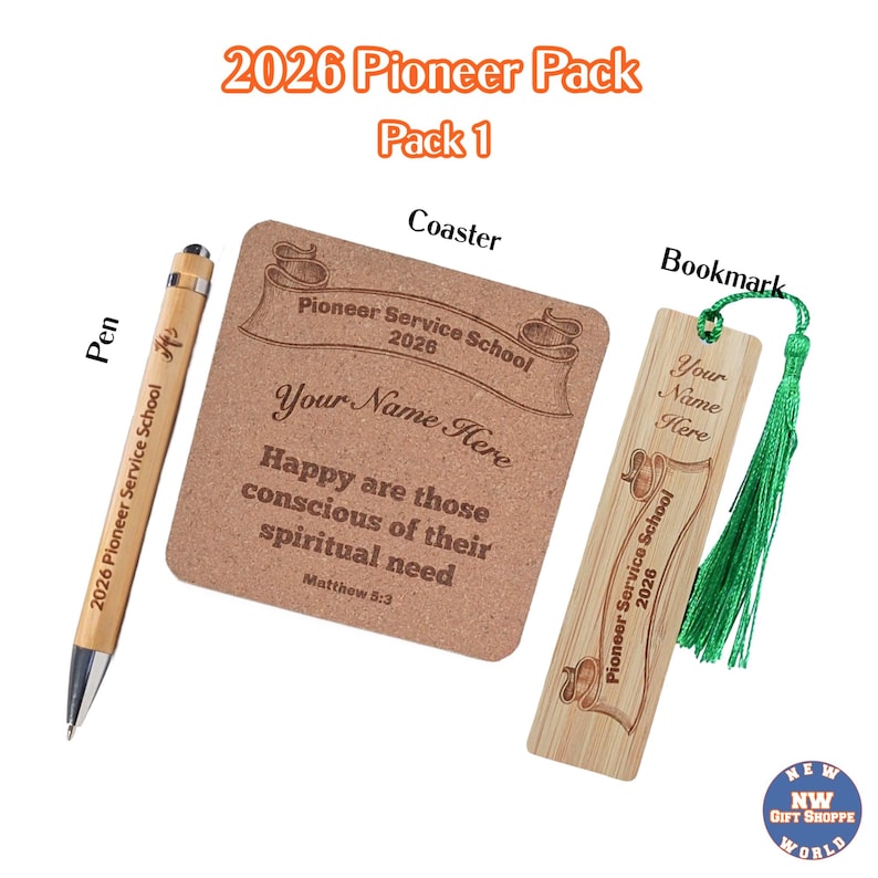 May include: A gift set including a pen, coaster, and bookmark. The pen is wooden with black ink. The coaster and bookmark are brown with text that reads "Pioneer Service School 2026" and "Happy are those conscious of their spiritual need."