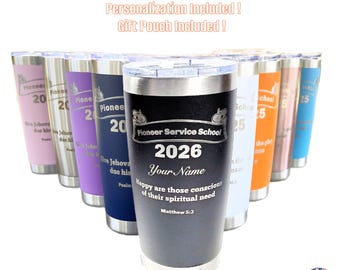 May include: A collection of 20-ounce tumblers in nine colors, each featuring a clear lid and a stainless steel rim. The front tumbler is black with the text Pioneer Service School, 2026, Your Name, and Matthew 5:3 engraved on the surface.