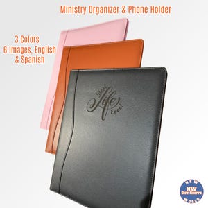 JW Ministry Organizer with Phone Holder - Personalizable. Black, Brown, and Pink - Best Life Ever & 5 Images in English/Spanish. Pen option