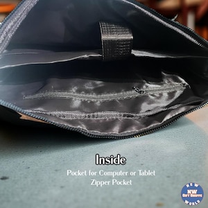 The inside of a black bag shows a large main compartment, a padded pocket for a computer or tablet, and a zippered pocket.