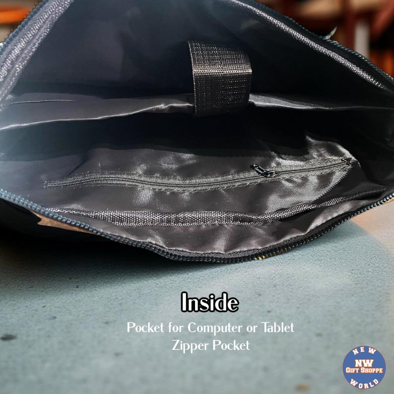 The inside of a black bag shows a large main compartment, a padded pocket for a computer or tablet, and a zippered pocket.