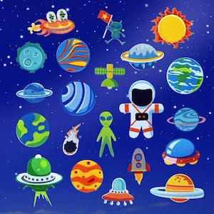 May include: A set of colourful iron-on patches featuring space-themed designs, including planets, stars, rockets, aliens, and a spaceship. The patches are perfect for adding a fun and whimsical touch to clothing, bags, or other fabric items.