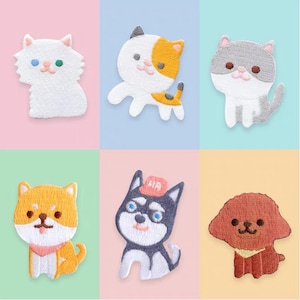May include: Set of six embroidered iron-on patches featuring various animals, including a white cat, a calico cat, a grey cat, a brown and white dog, a black and white dog, and a brown dog.