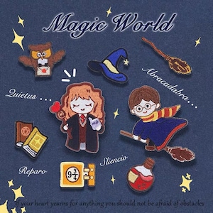 May include: A set of embroidered iron-on patches featuring characters and objects from the Harry Potter universe. The patches include a witch, a wizard, an owl, a book, a lock, a potion bottle, a broom, and a wand. The patches are on a blue background with stars.