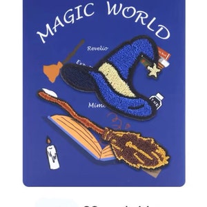 May include: A blue and yellow witch's hat, a brown broom, a book, and a candle on a blue background with the text "MAGIC WORLD".