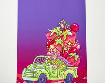 Lámina artística de camión de fresas / Ilustración de fresas estilo Y2K / Arte mural retro (A4)