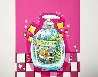 Lámina de jabón con diseño de acuario / Ilustración de baño inspirada en el año 2000 / Arte mural retro (A4)