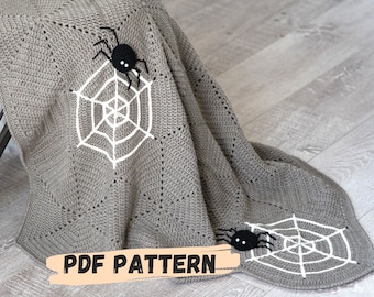 Patrón de manta de ganchillo de Halloween- Telaraña de ganchillo-Halloween DIY-Patrón de punto- Araña de ganchillo- Patrón de manta de bebé con motivo hexagonal