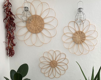 Set of 3 Rattan Daisy Flower Wall Decor, Boho Decor, Nursery Wall Hanging