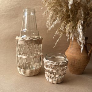 Handwoven Rattan Glass Pitcher and Cup Set-Boho Drinkware, Rustic Dinnerware,Eco-Frendly Gift