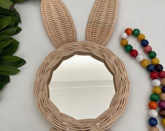 Rattan Rabbit Mirror, Nursery Wall Decor, Boho Wall Hanging Babyroom