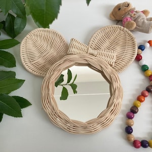 Rattan Cute Mouse Ear Mirror, Nursey Mirror Decor, Boho Wall Decor