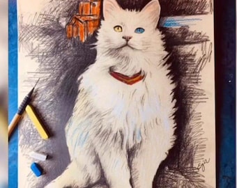 May include: A colored pencil drawing of a fluffy white cat with one yellow eye and one blue eye, wearing a red and gold collar. The background features a dark sketched landscape with an orange building. The signature Egin is in the bottom right.
