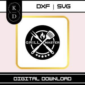 May include: Black and white logo design with a grill spatula and fork crossed over a flame. The text "Grill Master" is written in a circle around the crossed utensils. Five stars are below the text.