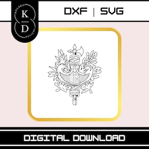 May include: Black and white line art illustration of the French coat of arms, featuring a stylized oak and olive branch, a fasces, and a shield with the letters 'IR'. The image is set against a white background within a gold square frame.