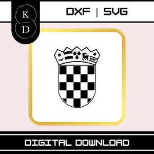 May include: Black and white chequered shield with a crown on top. The crown has stars and a stylised animal. The shield is inside a gold square frame.