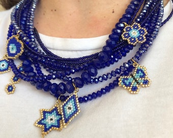 Miyuki Necklace, Chunky Blue Crystal Necklace,Multistrand Statement Necklace Christmas Gift For Women,Handmade Unique Gifts
