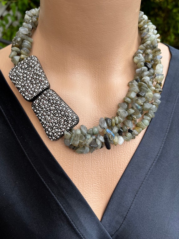 Labradorite Stone Necklace Mother Days Gift ,Multistrand Labradorite And Sparkly Zircon Necklace,Big Bold Chunky Necklace,Modern Necklace