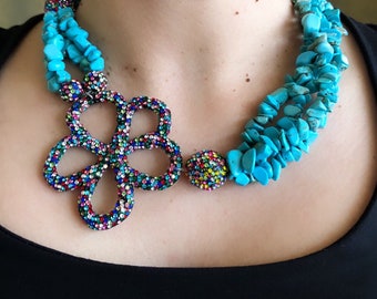 Chunky Necklace Turquoise Stone, Multistrand Gemstone Rainbow Rhinestone Floral Pendant Necklace,Handmade Jewelry Gift For Mom,Women,Sister