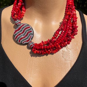 Multistrand Coral Stone And Crystal Bead Necklace,Big Bold Red Necklace,Oversized Coral Stone Summer Necklace,Sparkly Zircon Pendant