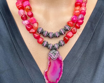 Chunky Agate Stone Necklace,Fuchsia Agate Stone And Oversized Agate Pendant Layered Necklace,Big Bold Agate Stone Necklace Dainty Necklace