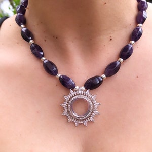 Collar grueso, collar de declaración de amatista, collar elegante de piedra de amatista, collar moderno delicado, collar de regalo de aniversario