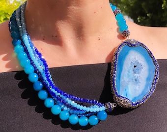 Big Bold Chunky Necklace, Statement Agate Stone Necklace, Multistrand Gemstone And Crystal Bead Necklace,Blue Agate Necklace Friend Gift