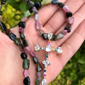 Chunky Necklace, Tourmaline Stone  Cross Necklace, Rainbow Necklace For Women, Statement Necklace,Healing Stones Handmade Necklace Gift