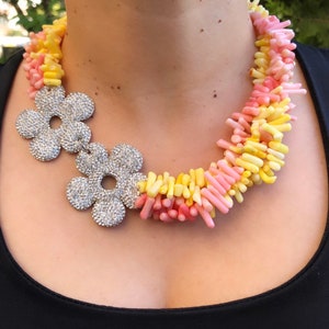 Coral Stone Necklace,Multistrand Yellow and Salmon Peach Coral Necklace,Statement Handmade Jewelry For Women,Sparkly Floral Necklace