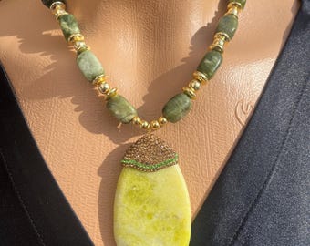 Green Jade & Yellow Agate Pendant Necklace: Chunky Gemstone Jewelry