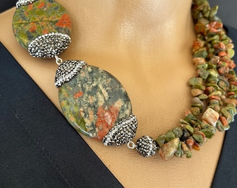 Multistrand Unakite Stone Big Bold Necklace,Chunky Gemstone Handmade Necklace,Statement Oversized Unakite Necklace Birthday Gifts Women,Mom