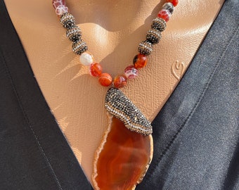 Christmas Gifts Chunky Agate Stone Necklace,Brown Agate Stone And Oversized Agate Pendant Necklace,Elegant Healing Stone Shinny Necklace