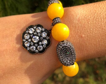 Jade Stone Bracelet,Antique Charm Yellow Jade Stone Elastic Bracelet Mothers Day Gifts,Natural Stone Healing Bracelet Gifts For Women