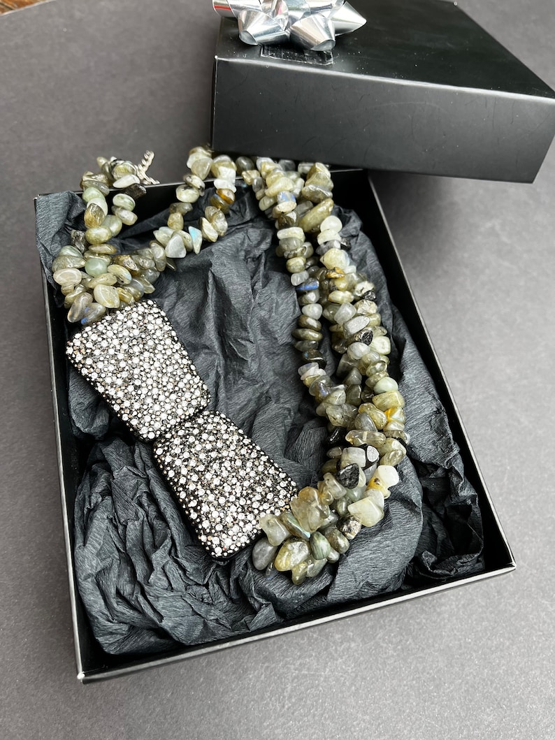 Labradorite Stone Necklace Mother Days Gift ,Multistrand Labradorite And Sparkly Zircon Necklace,Big Bold Chunky Necklace,Modern Necklace image 8