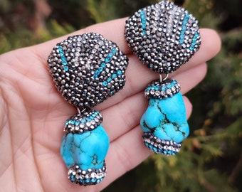 Chandelier Earrings, Turquoise Stone Earrings, Rhinestone Earrings,Statement Earrings, Dangle Drop Earrings, Turquoise Jewelry Gift For Her