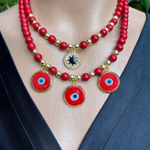 Red Howlite Stone Evil Eye Pendant Two Strand Necklace,Statement Layered Necklace,Gemstone Handmade Chunky Necklace Gift For Women