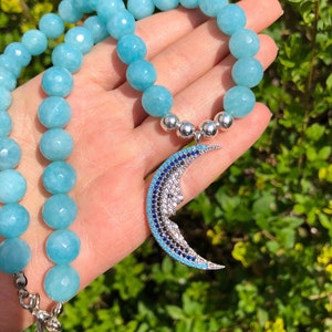 Birthday Gifts Chunky Necklace, Blue Jade Statement Necklace, Zircon Moon Pendant Modern Necklace,Blue Jade Handmade Necklace For Her