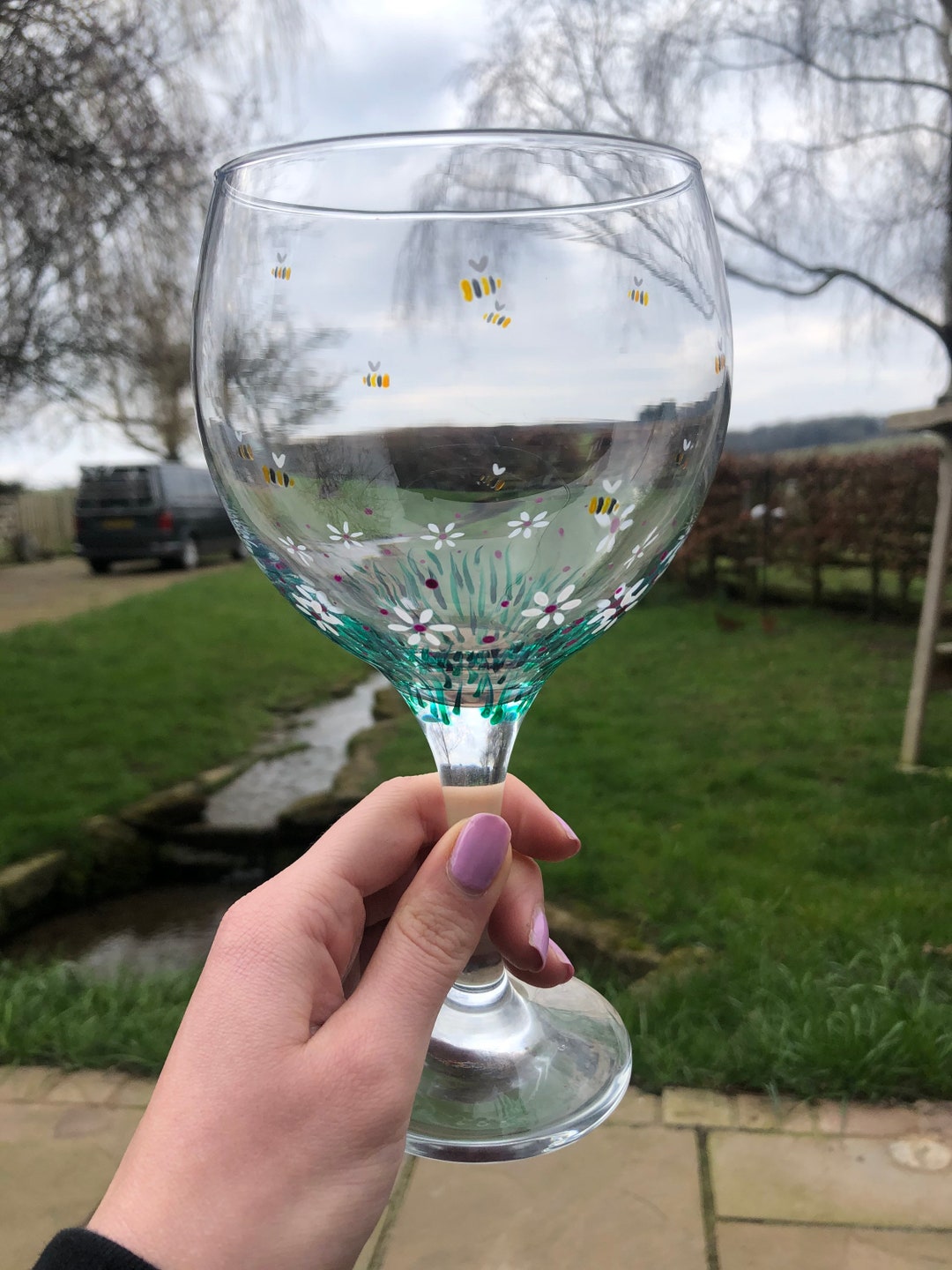 Purple Daisy Bee Hand Painted Gin Glass Etsy