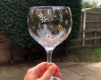 Yellow Daisy Hand Painted Gin Glass