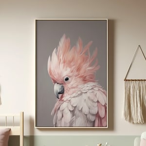 Impressão de arte de cacatua rosa, perfeita para quartos infantis e berçários, decoração de berçário de pássaros de cacatua, arte de parede de quarto infantil, pôster de papagaio, arte tropical