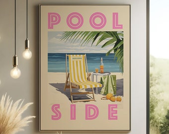 Poolside Beach Lounge Vintage Travel Poster Wall Art Print, Vintage Style Beach Art Print, Summer Wall Decor, Summer Vacation, Summer Vibes