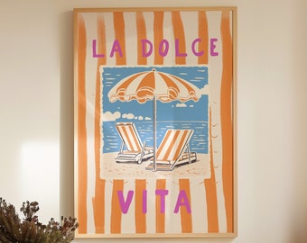 La Dolce Vita Beach Umbrella Art Print, Retro Italian Seaside Poster, Summer Vibes Wall Art, Beach Chairs  Print, La Dolce Vita Quote Art