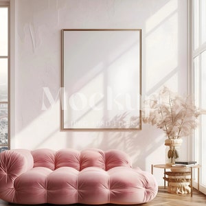 Luxurious Pink Pouf and Wall Frame Mockup in Bright Urban Loft, Living Room Frame Mockup, Pink Couch and Flowers, High-Resolution JPEG & PSD