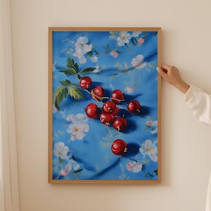 Red Cherries on Floral Tablecloth, Still Life Wall Art, Botanical Print, Kitchen Decor, Fruit Still Life Painting, Instant Download Art