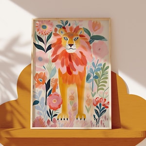 Colorful Lion Wall Art, Vibrant Floral Jungle Print, Nursery Decor, Lion Print, Lion Poster, Lion Portrait, Kids Room, nursery wall art