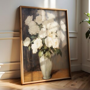 Vintage White Roses Painting in Vase Art Print, Printable Wall Art, Digital Wall Art, Moody Wall Art, Trendy Wall Art, Instant Download