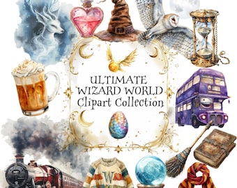 Ultimate Wizard World Clipart Collection, 240 PNG Files, Commercial License, Watercolor Fantasy Clipart, Wizard School Clipart PNG