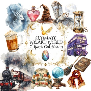 Coleção Ultimate Wizard World Clipart, 240 arquivos PNG, licença comercial, clipart de fantasia em aquarela, clipart da Wizard School PNG